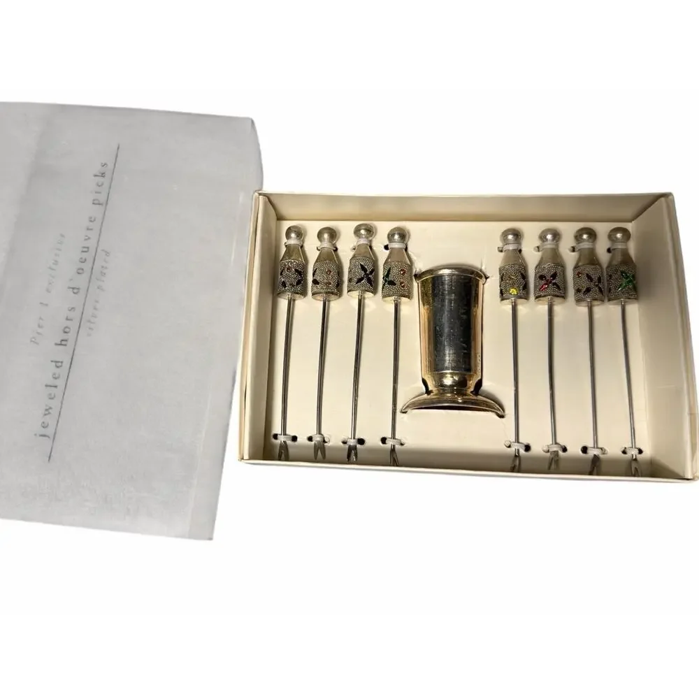 Pier 1 Imports Jeweled Hors d’Oeuvre Picks Set 8 Silver Plated w/ Holder
